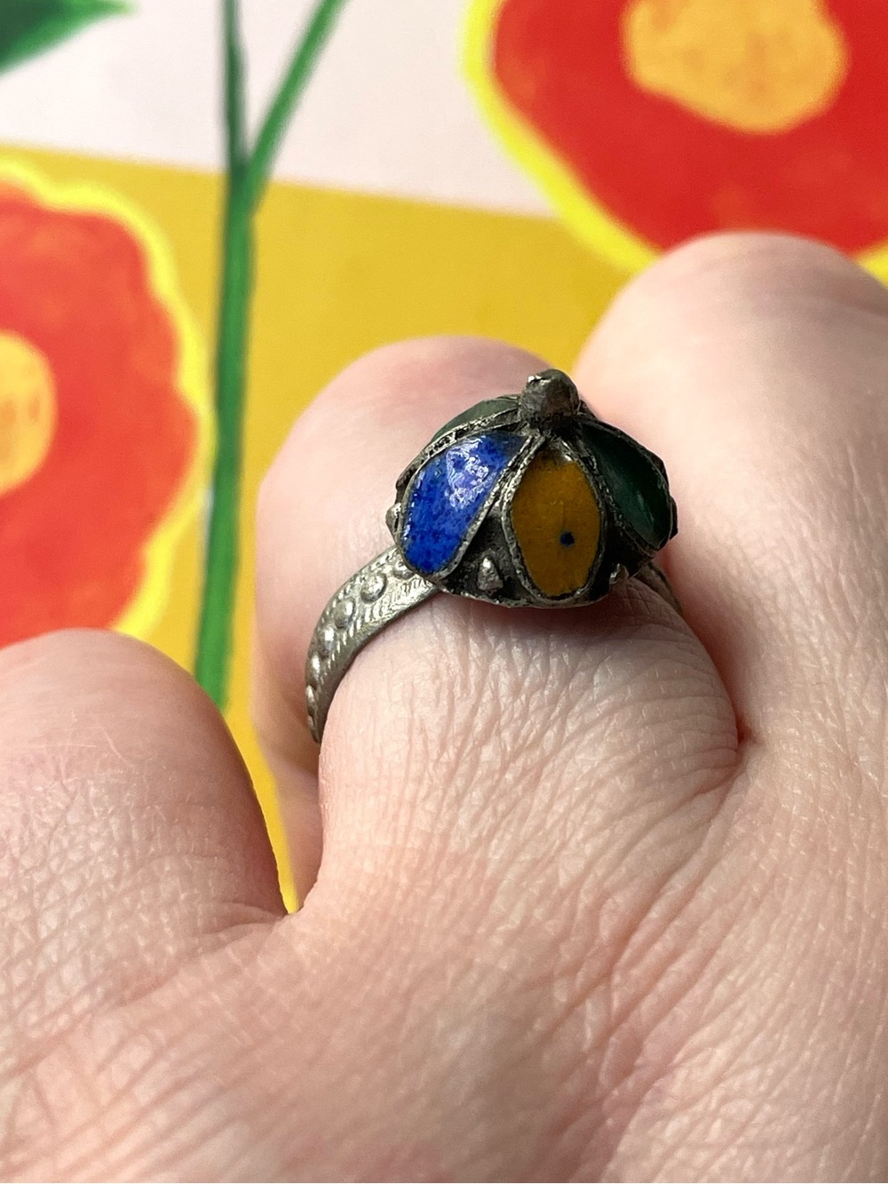 Vintage/antique Berber style silver metal & enamel ring sz 7.25-7.5